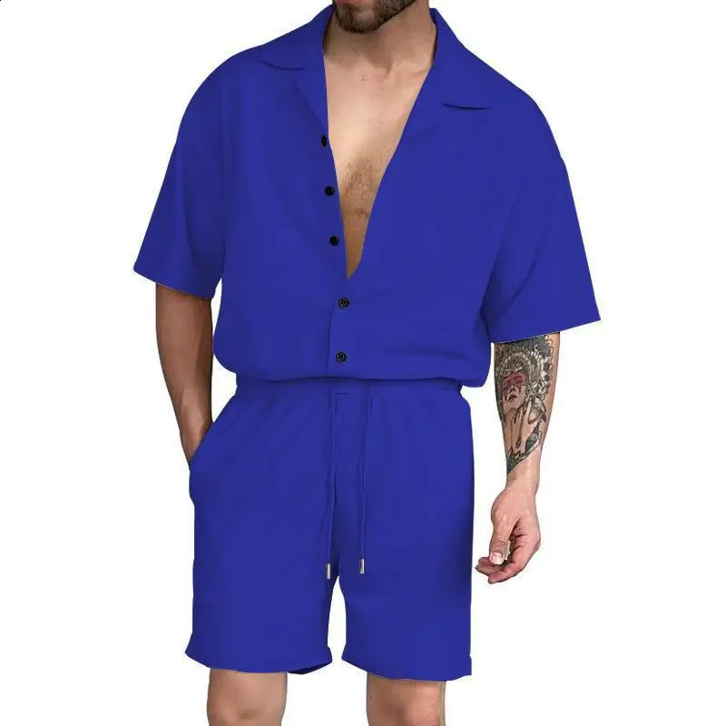 Fashion Mens Outfit Set Summer Beach Solid Short-sleeved Cardigan Shirt Shorts Suit Male Casual Suits Male Costumes Pour Hommes 240819