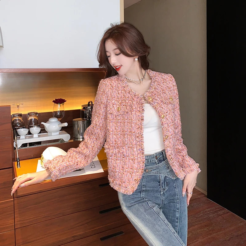 autumn winter retro pink tweed woven jacket womens small perfume Korean tassel wool coat elegant 240819