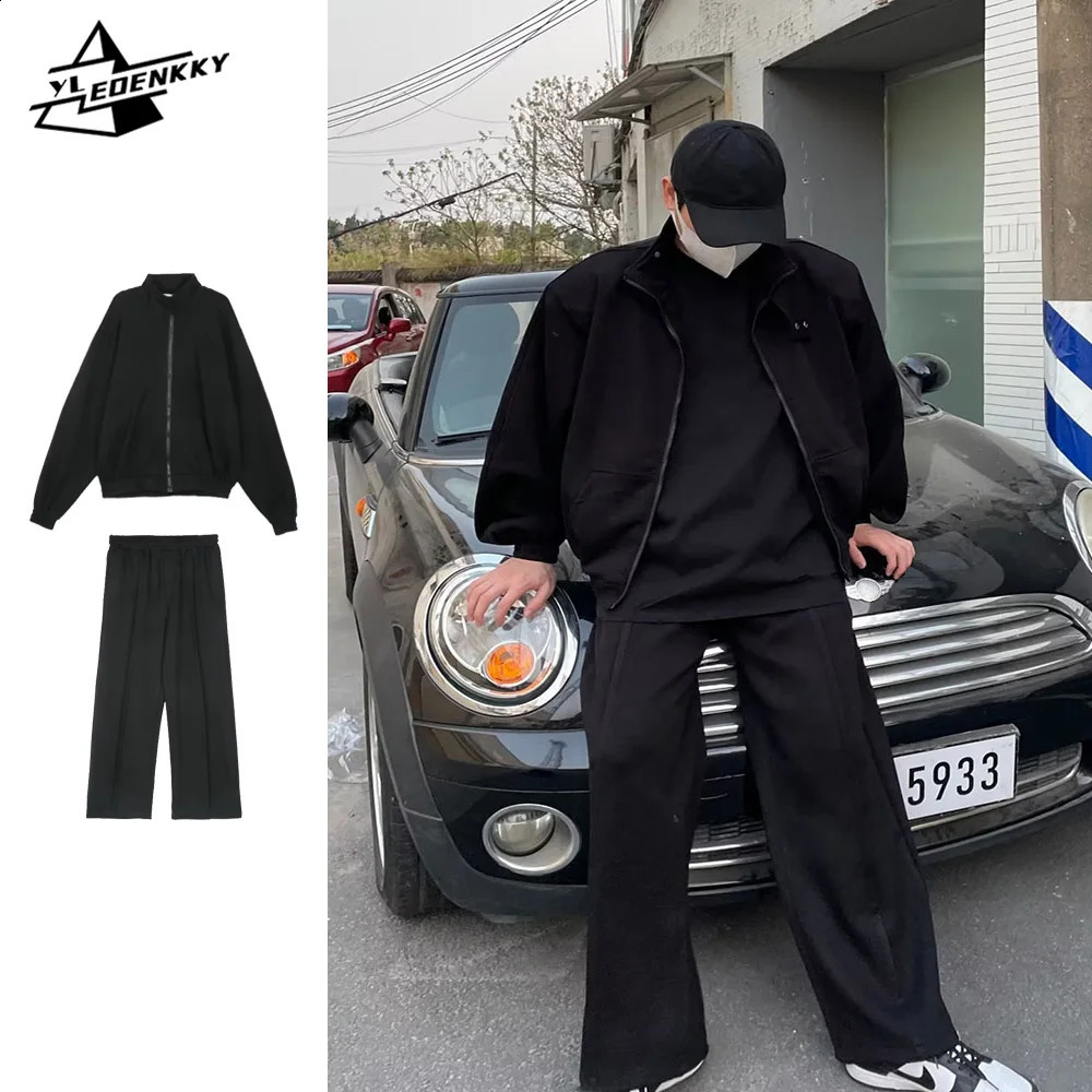 Spring Autumn Set Korean Stand-up Collar Loose Cardigan Jacket Straight-leg Wide-leg Casual Sweatpant Outdoor Unisex Sports Suit 240819