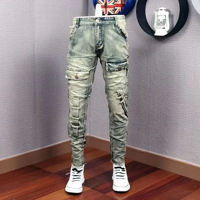 Autumn Winter Broken Denim Jean Mens Patch Slim Feet Fashion Retro Cargo Pants Vintage Pantalon Skinny Homme Jeans 240819