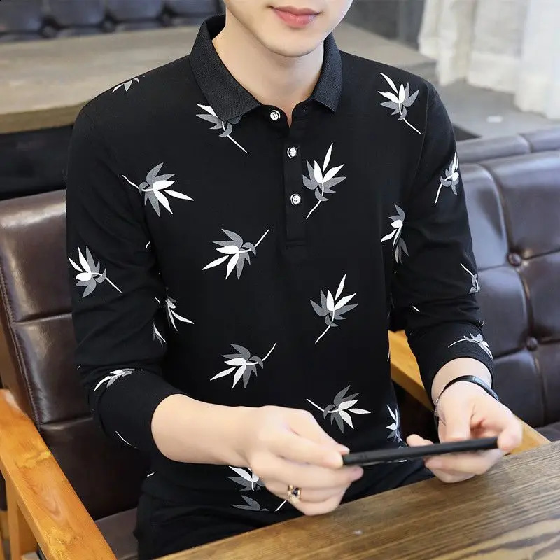 Stylish Button Printed All-match Polo Shirts Mens Clothing Autumn Loose Casual Pullovers Long Sleeve Korean Tee Shirt 240820