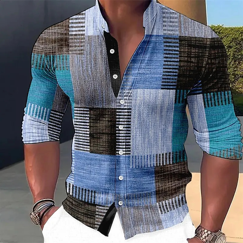 Mens shirt plaidcheck pattern geometric stand collar outdoor street long sleeve fashion streetwear casual 240815