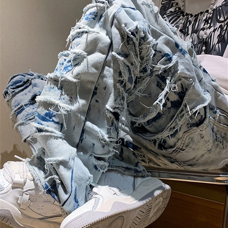 American high street erosion destroys raw edge Y2K retro jeans mens trendy straight tube slim flared pants foreign trade 240819
