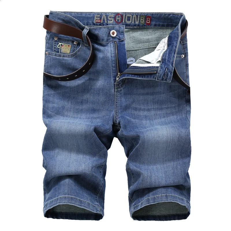Summer thin stretch fabric denim mens straight leg loose blue embroidered knee jeans 240819
