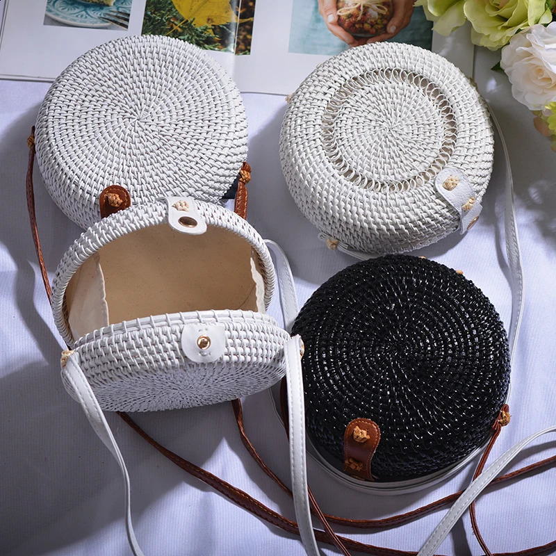 Black White Round Straw Bags Women Summer Rattan Bag bags women Woven Beach Cross Body Bag Circle Bohemia Handbag Bali Box 240820