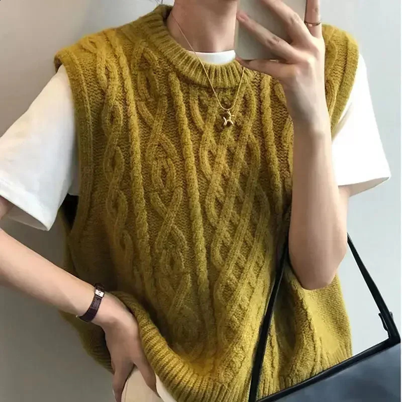 spring autumn knitted vest fried dough twisted womens sweater loose folding sleeveless 240819