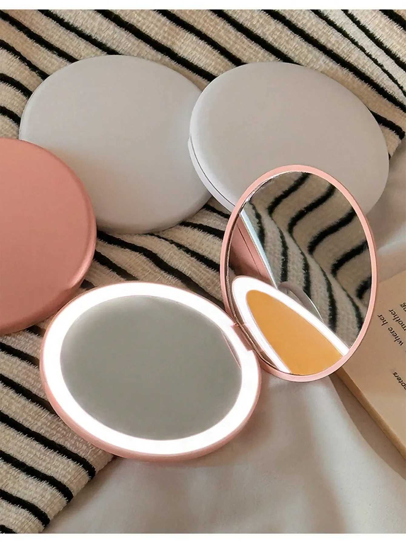 LED Foldable Makeup Mirror Women Mini Mirror Small Pocket Mirror Pink And White Luminous Effect Y240819
