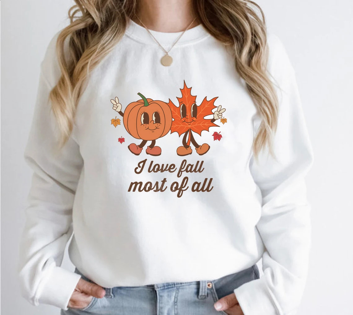 Colored I Love Fall Most of All Sweatshirt Vintage Women Long Sleeve Jumper Autumn Pumpkin Leaf Pullovers 240820