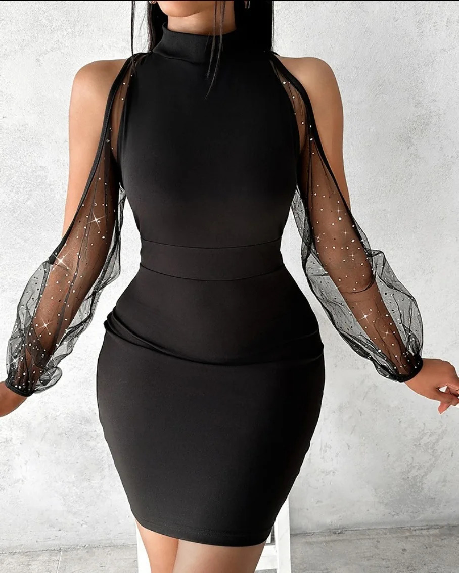 Autumn/Winter Dress Womens Round Neck Lace Long Sleeved Sexy Slim Fit Wrapped Hip Waist Dresses For Women Vestidos Para Mujer 240819