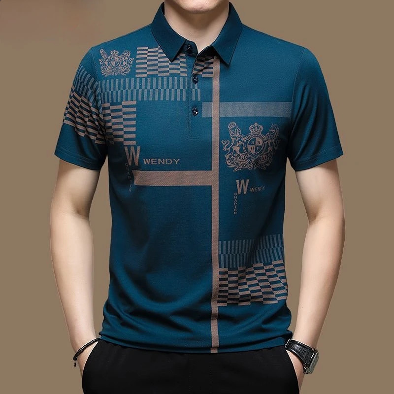 Mens Polo Shirt Business Casual Summer Short Sleeves Tops Pattern Print Button T Shirt Loose Clothes Fashion Polo T Shirt 240824