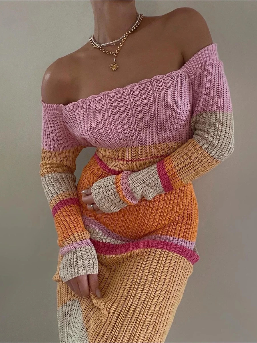 Women Y2K Striped Knit Long Dress Long Sleeve Square Neck Color Block Bodycon Dress Sexy Off Shoulder Dress 2000s Streetwear 240819