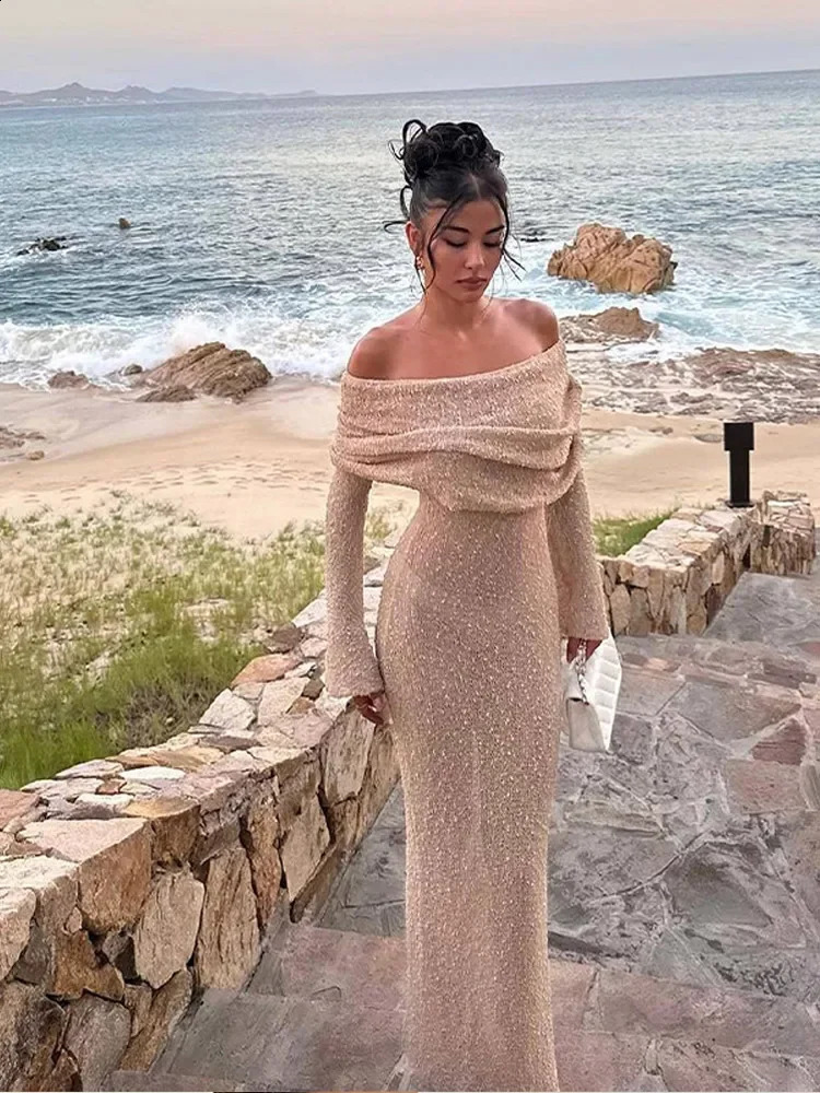 Knit Hollow Out Off The Shoulder Dress Women Spring Summer Slim Long Sleeve Sexy Beach Party Female Long Dresses Streetwear 240819