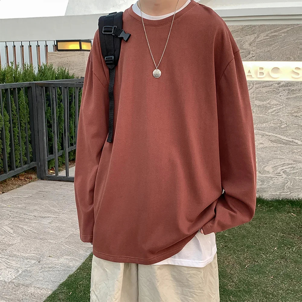 Long Sleeve t shirt for Men Autumn Fashion Cotton Solid Color t-shirts Cozy Streetwear Mens t-shirt Baggy Korean Trendy 240820