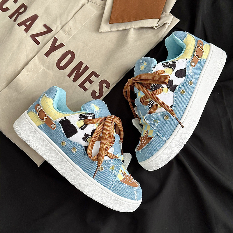 Long Foot New Sports Bread Cow Pattern Denim Patching Autumn and Winter BAKE Men's China-Chic Skateboarding Women's Shoes