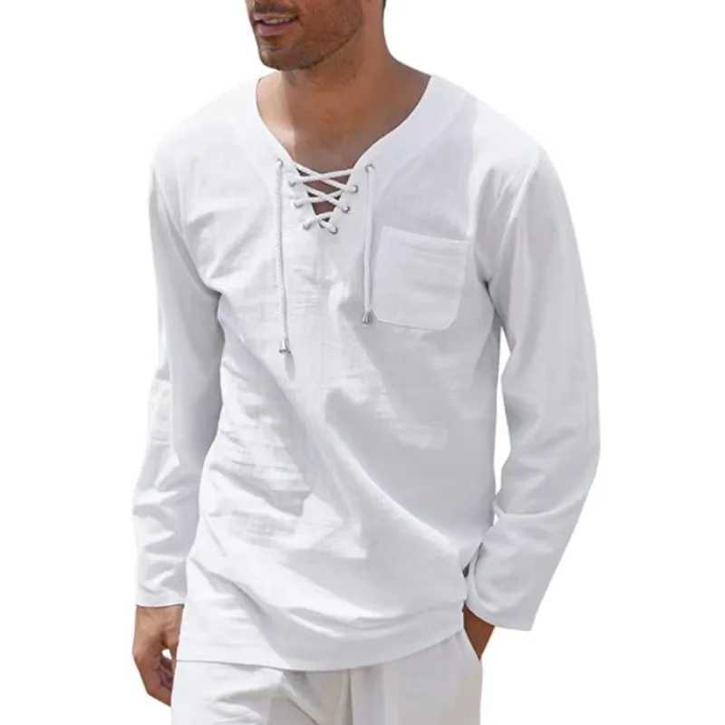 Summer New Mens Long Sleeves T-shirt Cotton Linen Clothes V Neck Lace-up Loose Tops Tees Shirt Beach Casual Pullover S-4XLXJ240819