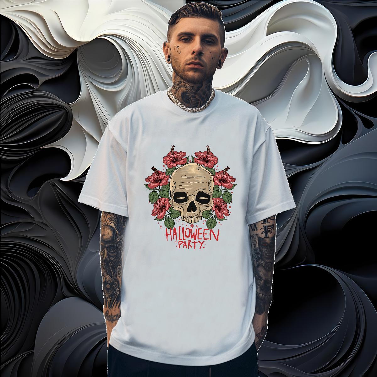 Unisex T Shirt For Man skull O-Neck Short Sleeve Beach Floral Print 230g Pure Cotton Men Tees 2024 Summer Clothes