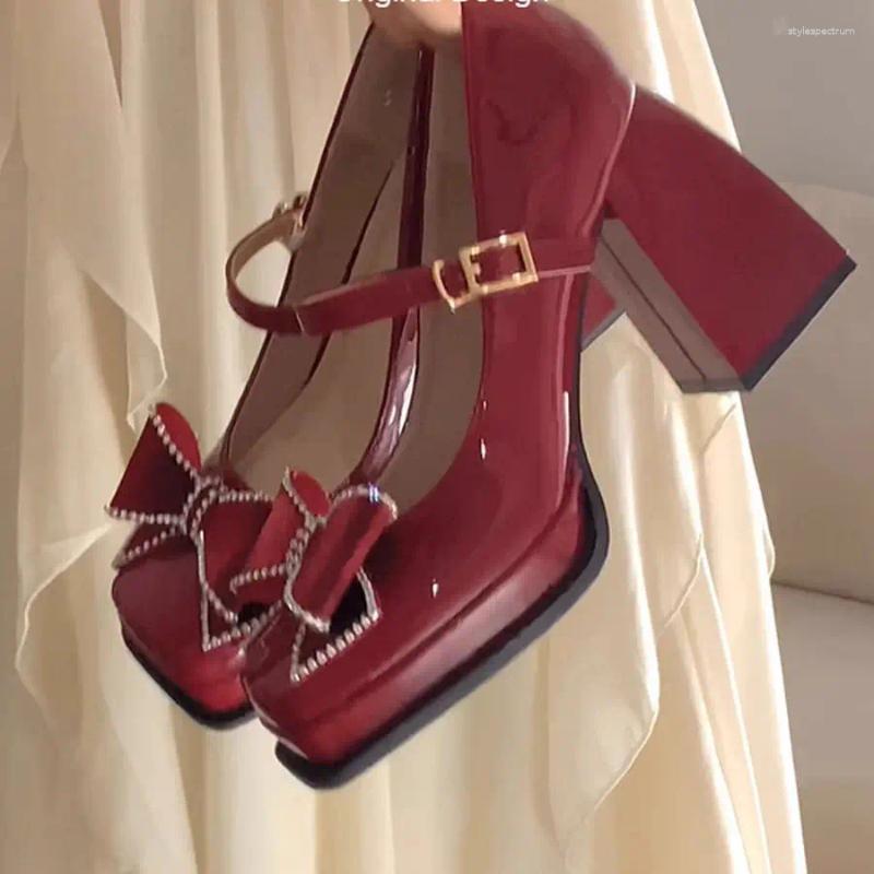Dress Shoes Pumps On Heeled Mary Jane Red Ladies Summer Footwear For Women 2024 Gothic Square Toe High Heels Japanese Style Lolita E A