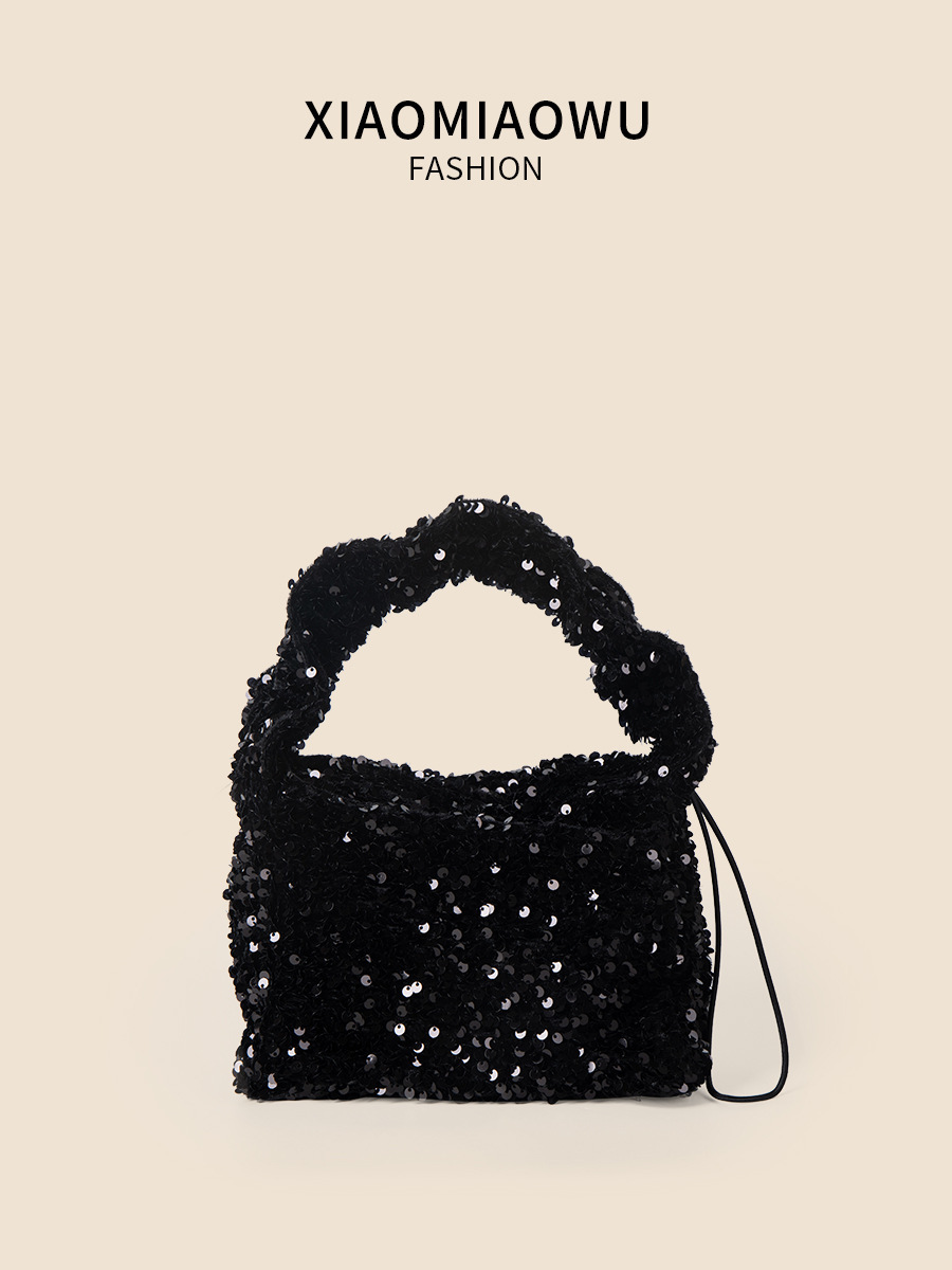 2024 Spring/Summer New Full Sky Star Sequin Pleated Handbag with Drawstring Fashion Shoulder High end Small Square Bag