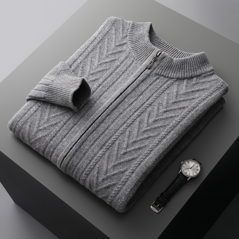 Autumn and winter 100% pure wool mens stand collar thickened cardigan cashmere sweater casual knitted plus size top w240824