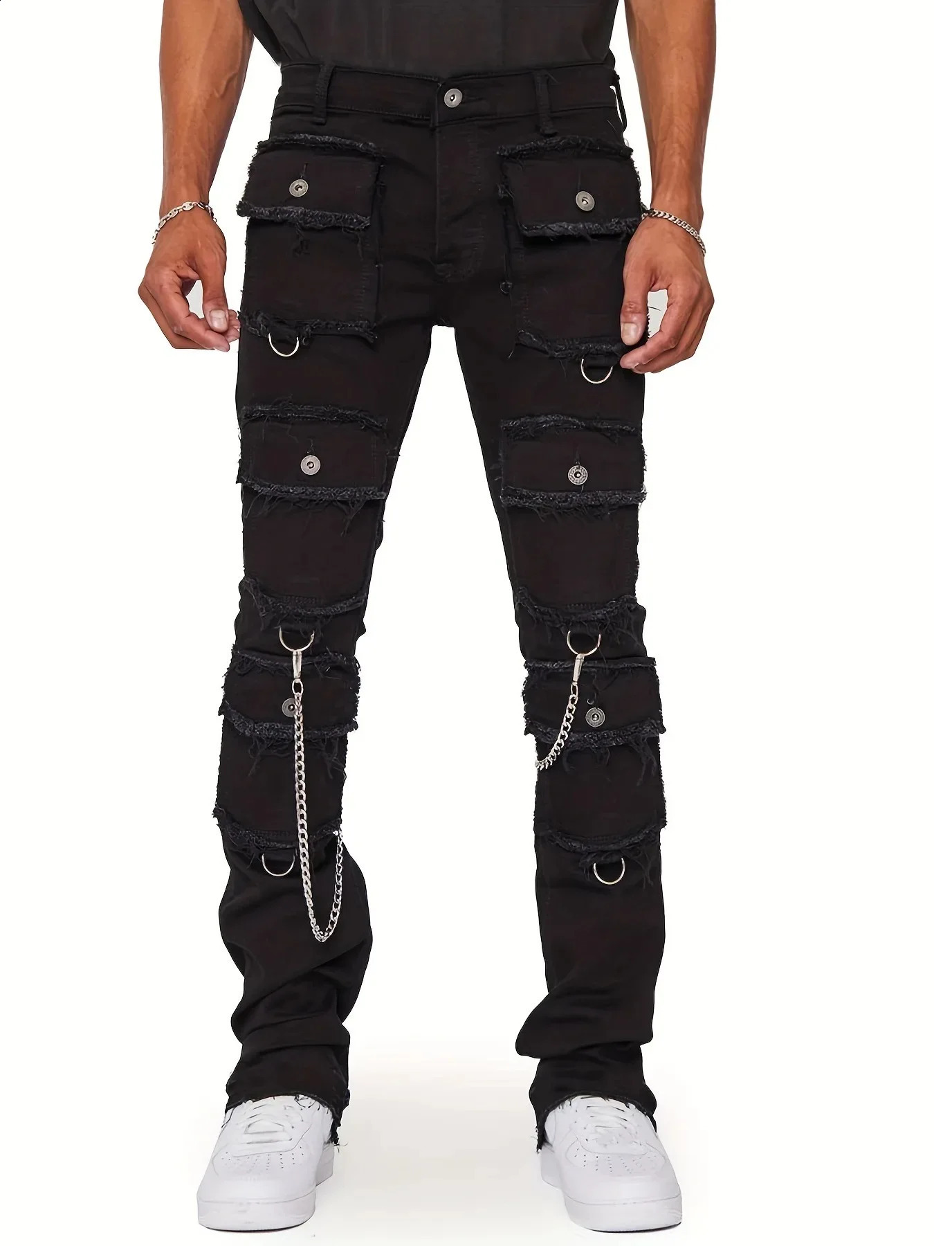 European Mens Cargo Jeans Stretchy Straight Leg Baggy Trousers Slim Fit Chain Patchworks Denim Bottoms 240819