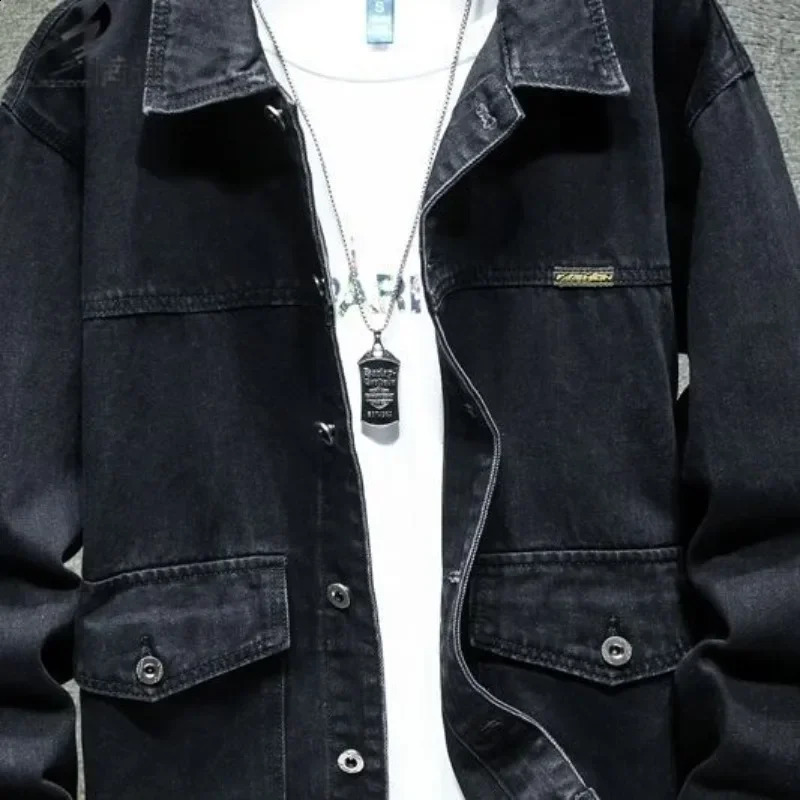 Denim jacket mens autumn cargo jeans black lowpriced fabric board elastic ner Korean style G 240809