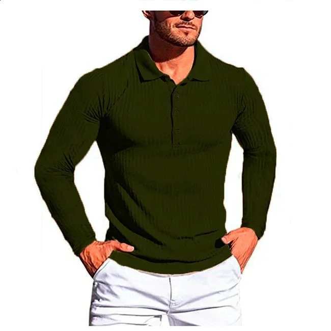 Mens Running Sports Long Sleeve POLO Shirt Slim Knit Bottoming Shirt 240820
