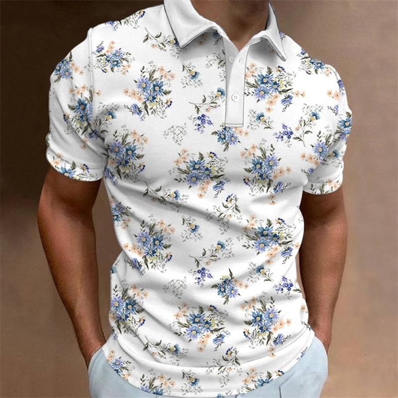 Mens Polo Shirt Street Casual Short Sleeve Flower Print Buttons Tops Fashion Pullover Oversized Clothing Male Golf Wear 240819