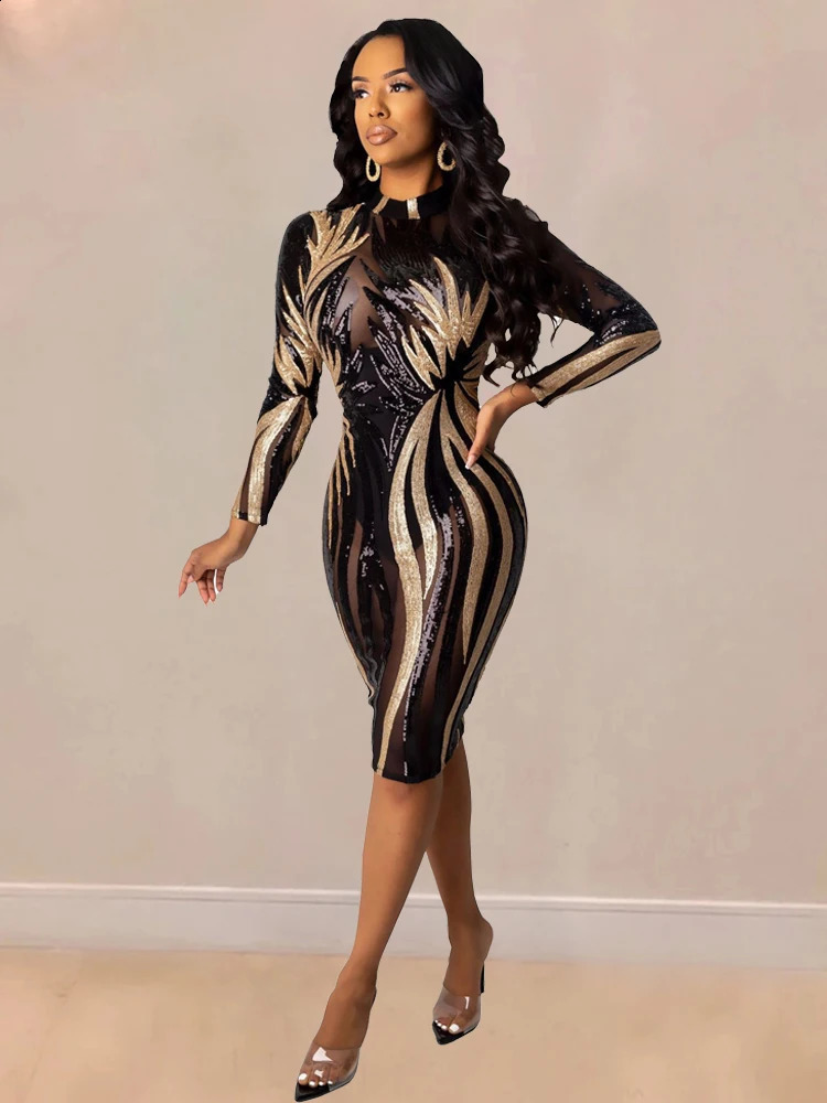 Sexy Perspective Sequin Printed Tight Fitting Dress For Womens Summer Nightclub Birthday Party Club Long Sleeved Hip Wrap Skirt 240819