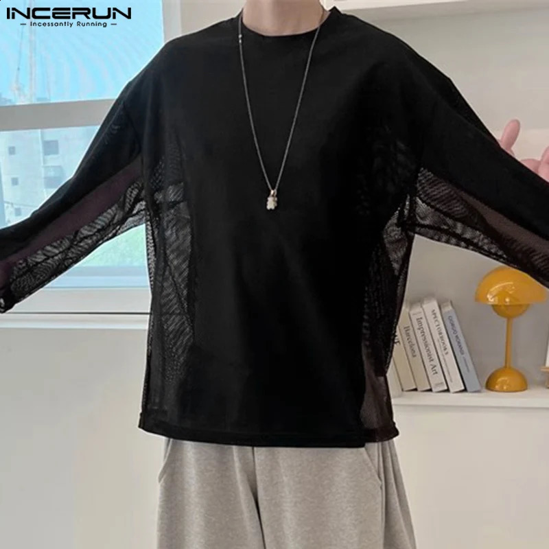 Men T Shirt Mesh Patchwork O-neck Long Sleeve See Through Men Clothing Streetwear Loose Fashion Casual Tee Tops INCERUN 240820