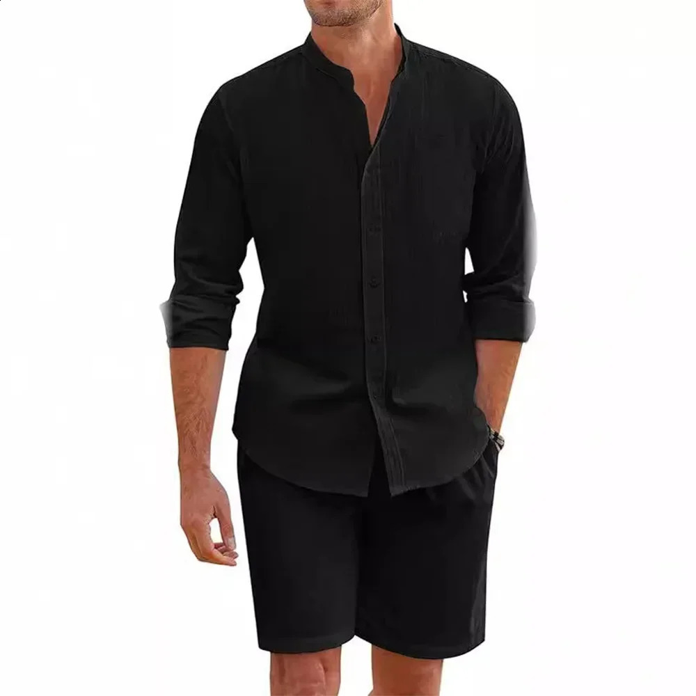 2 Pcs Sets Mens Summer Cotton Linen Shirt and Shorts Cardigan Simple Casual Beach Shirts Comfortable Hawaii Wear i240819