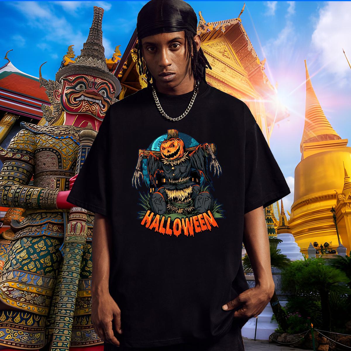 Loose T Shirts Men pumpkin O Neck Short Sleeves Casual Anime Print 100% Cotton 230g Men Tees Wholesale Clothes