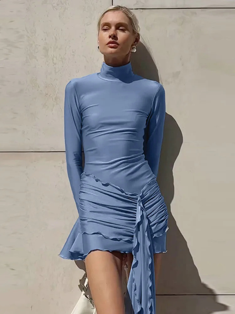 Mozision Flare Long Sleeve Draped Sexy Mini Dress For Women Half High Collar Ruched Bodycon A-line Elegant Party Dress Clubwear 240819