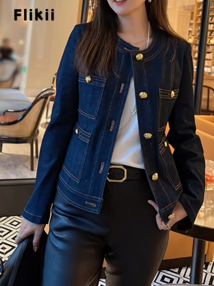 Korean fashion single chest long sleeved jacket autumn womens casual solid elegant round neck pocket retro denim 240814