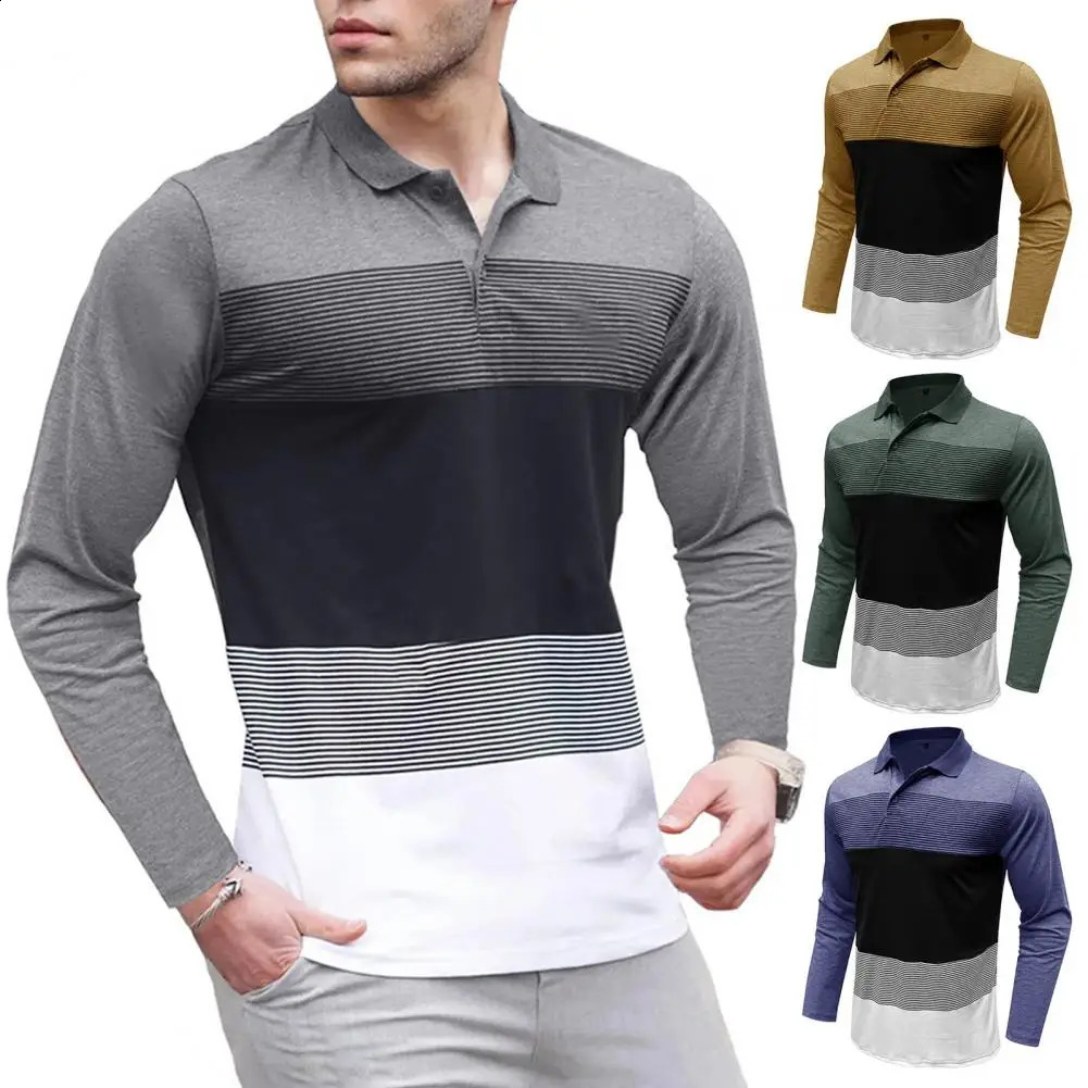 Lapel Button Half Opening Shirt Mens Striped Print Pullover Shirt with Stretchy Long Sleeves for Fitness Business Wear Autumn 240820