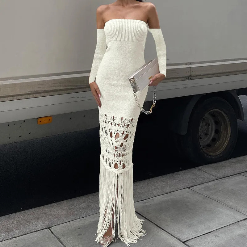 Knitted Tassel Hollow Out Long Sleeves Sexy Sheath Maxi Evening Prom Women Sexy Off Shoulder Slim Fit Dress Sweater Party 240823