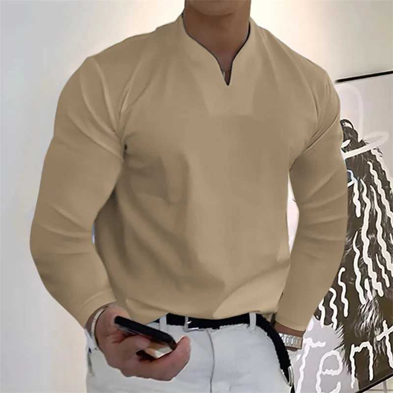 Men Causal V-neck Base Shirt Business Fashion Loose Long Sleeve Tee Plus Size Solid Color Simple Comfortable Elastic Fitness TopXJ240819
