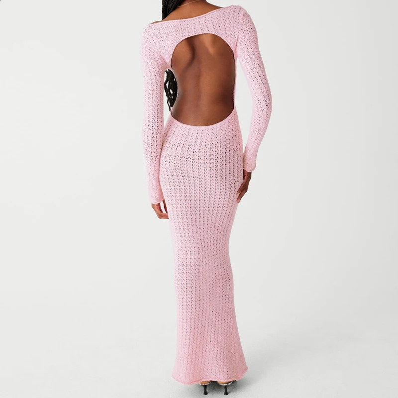 BKLD Womens Sexy Backless Sweater Knitted Dress Cut Out Long Sleeve Perspective Bodycon Maxi Pink Dress Trend Out Door Clothes 240819
