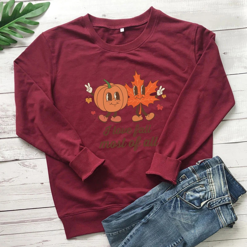 Colored I Love Fall Most of All Sweatshirt Vintage Women Long Sleeve Jumper Autumn Pumpkin Leaf Pullovers 240820