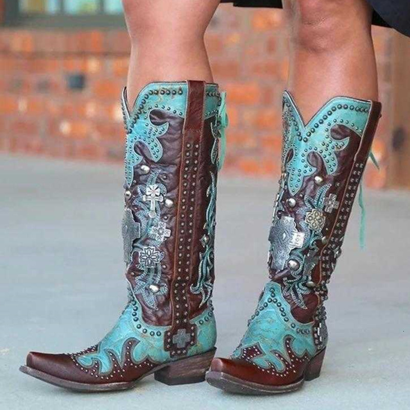 Women Sewing Patchwork Slip-On Mixed Color Flower Print Western Women's Shoes Rome Buckle Party Retro Ladies Boot