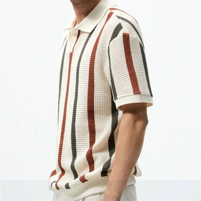Men Trendy Vintage Striped Patchwork Polo Collar Short Sleeve T-shirt Summer Hollow Casual Loose Pullover Knit Tops Ropa Hombre 240820