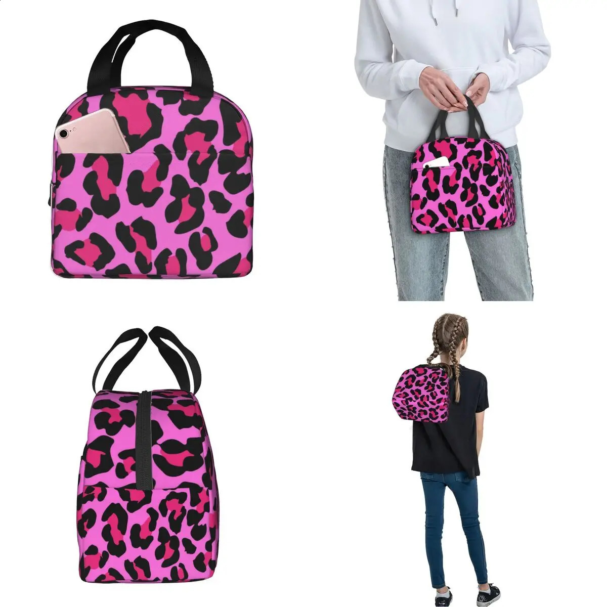 Pink Leopard Print Insulated Lunch Bags Thermal Bag Lunch Container Camouflage Large Lunch Box Tote Food Bag Office Picnic 240819