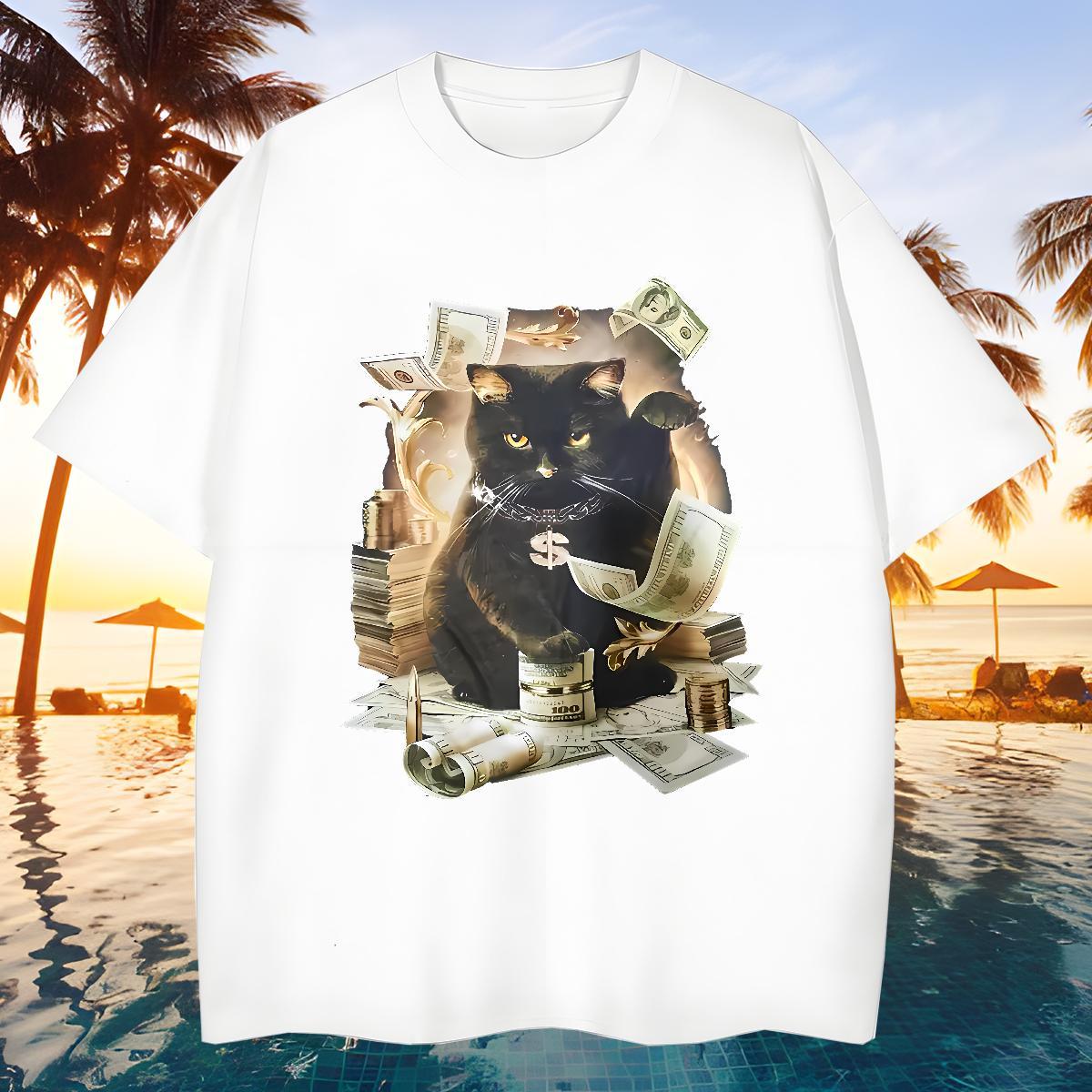 Free Shipping T shirt cat Breathable Short Sleeve High Street Hip Hop Custom Printing 230g Pure Cotton Men Clothes T-Shirt Fashion Casual Wear