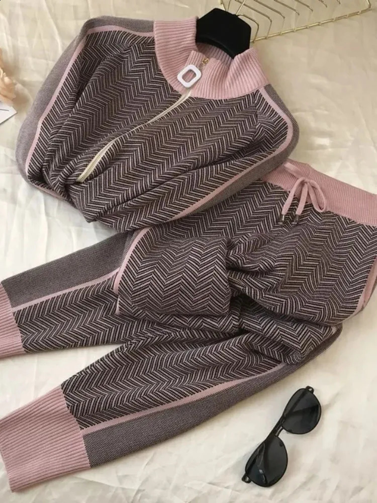 Winter Fall Stripe 2 Piece Sets Stand Collar Warm Cardigan Tracksuit High Waist Harem Pant Suits Knit Soft Korean Conjuntos 240819