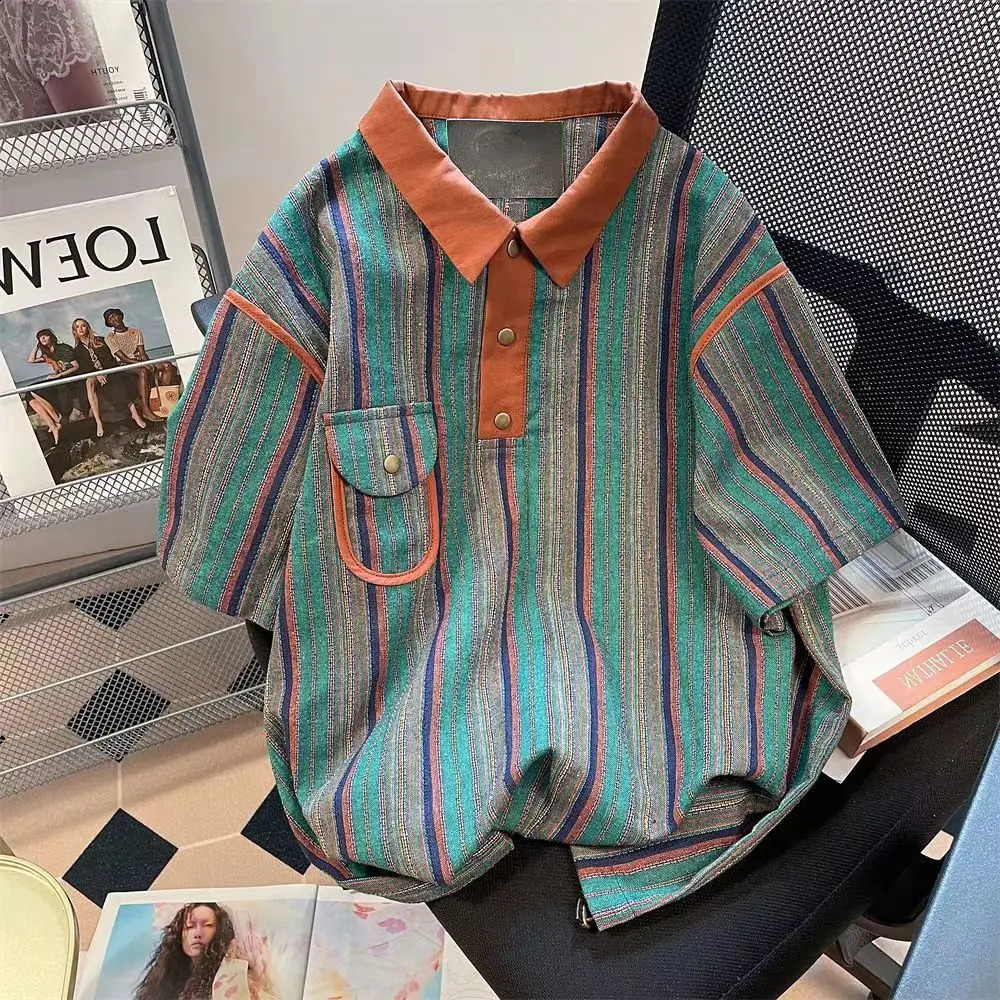 British Style Trendy Oversized Polo Shirts For Men Contrast Color Stripe Short sleeve Tee Tops Fashion Casual loose T-shirt Fat 240820