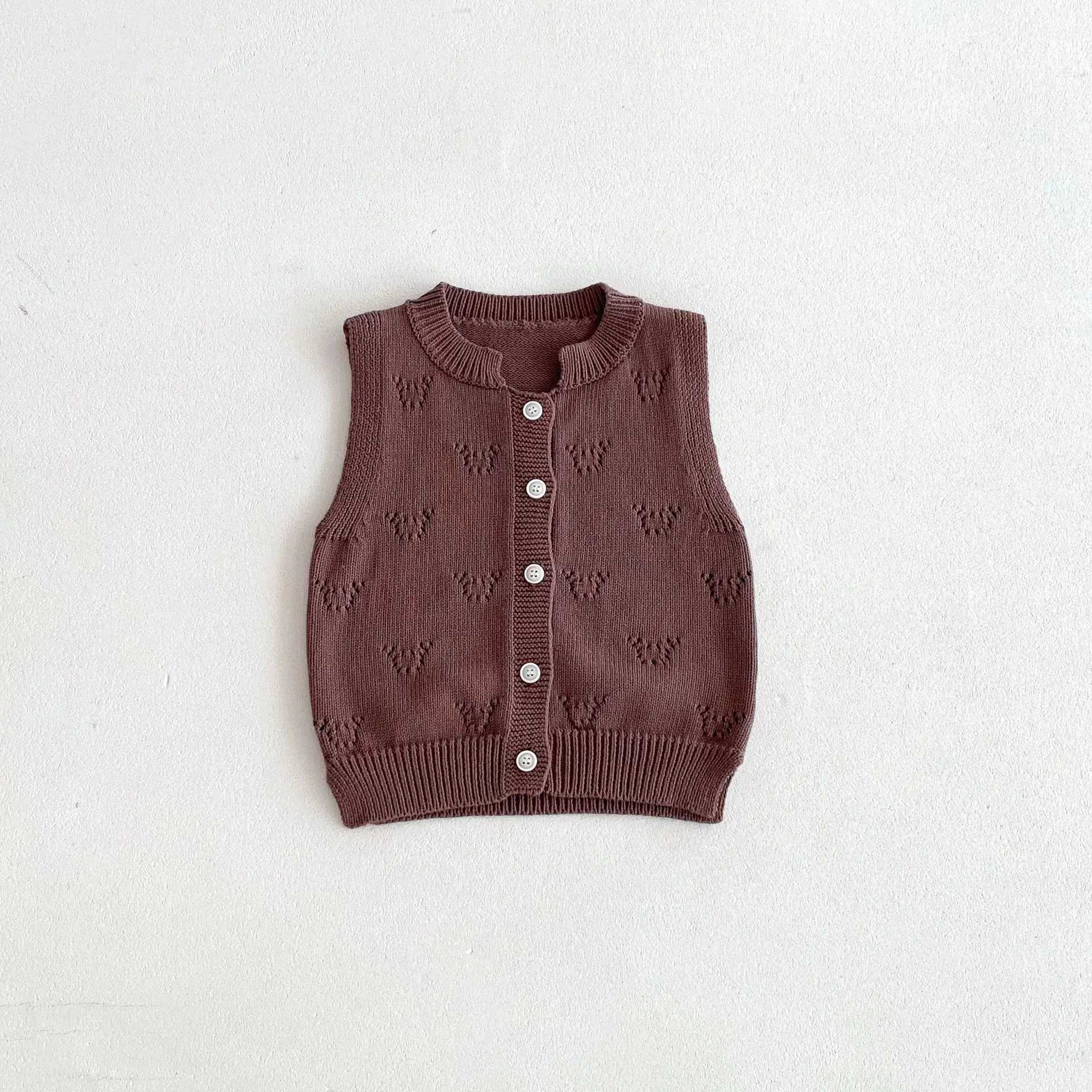 2024 Autumn New Children Vintage Knitted Vest Baby Sleeveless Sweater Coat Girls Solid Hollow Out Knitwear Kids Casual CardiganXJ240819