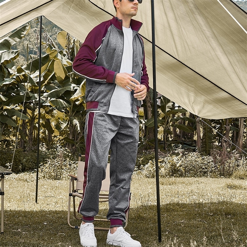 Spring Autumn Male Loose Casual Spliced Zipper Sweatshirt Elastic Waist Sweatpants Two Pieces Set Men Cardigan Top Fashion Pants 240819