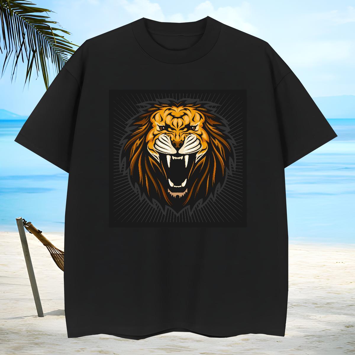 High Quality Mens T Shirts lion O Neck Short Sleeves Casual DIY 230g Pure Cotton Men Tshirts Casual New Tops