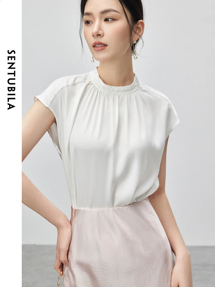 SENTUBILA Elegant Stand up Chiffon Shirt and Summer Loose Simple Short Sleeve Top Womens Zipper 142V53541 240814