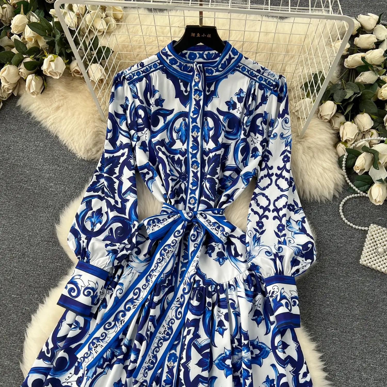 Spring Runway Blue and White Porcelain Dress Womens Stand Long Lantern Sleeve Flower Print Lace Up Beach Robe Vestidos