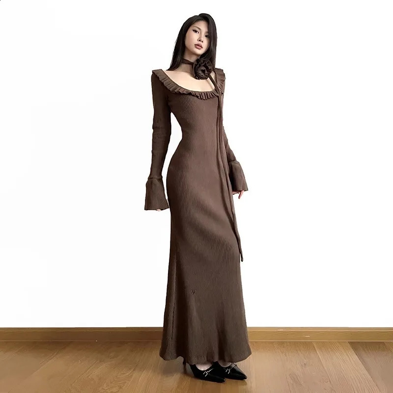 Retro Knitted Dress For Women In Autumn And Winter With A High End Look And A Fishtail Wrapped Butt Skirt 240819